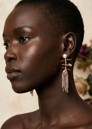 Close-up of a woman wearing elegant earrings with a blurred background