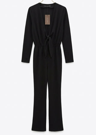 Zara Black Deep V Tie-Front Wide-Leg Jumpsuit - Small