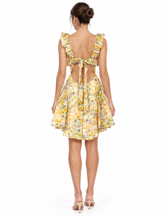 Yellow Floral Open-Back Mini Dress – Size Small