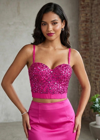 Hot Pink Crystal-Embellished Bustier Crop Top - Small