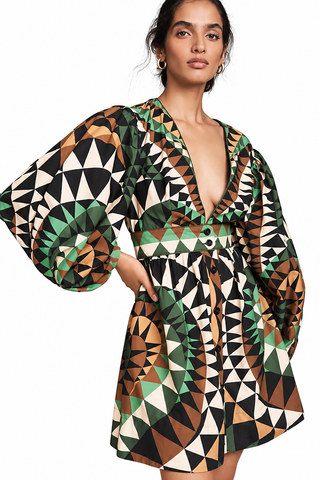 FARM Rio Green Heart Deco Puff Sleeve Mini Dress – Size Small