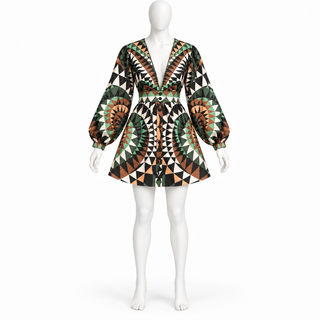 FARM Rio Green Heart Deco Puff Sleeve Mini Dress – Size Small
