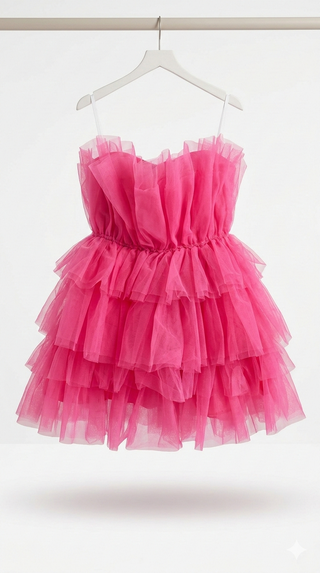 Pink ruffled dress on a white hanger against a white background