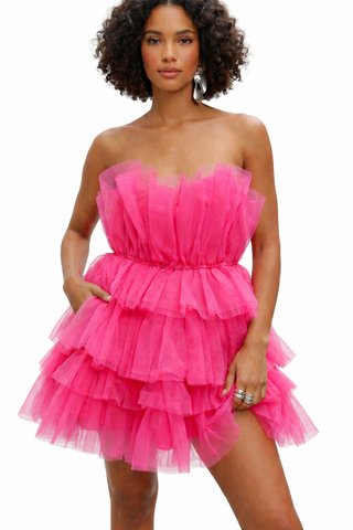 AFRM Hot Pink Tiered Tulle Strapless Dress - Large