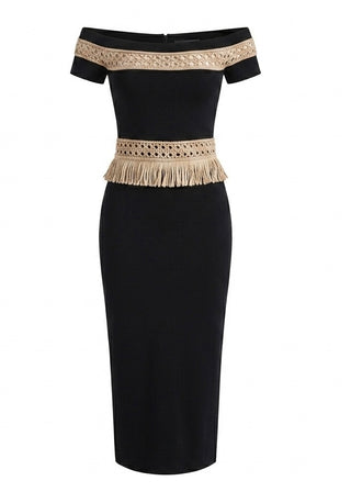 Black off-shoulder dress with beige lace and fringe details on a white background