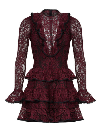 Red lace dress with ruffled details on a white background