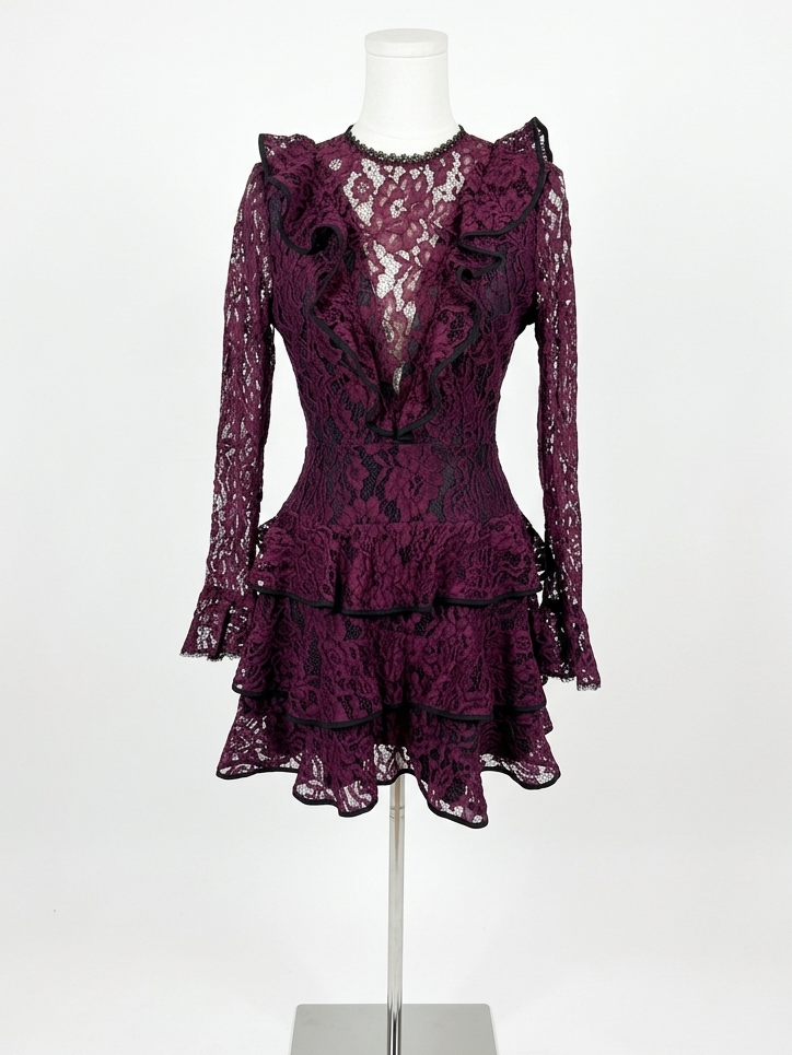 alexis purple lace dress Alexis Deep Plum Floral Lace Ruffle V-Neck Tiered Long-Sleeve Mini Dress