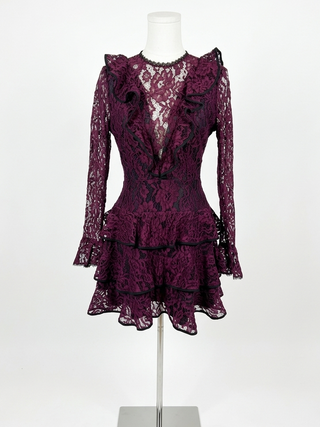 Purple lace dress on a mannequin against a white background