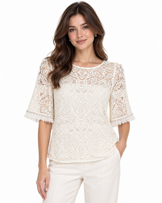 Alexis Ivory Geometric Lace Flutter-Sleeve Top