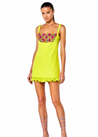 Woman wearing a bright yellow dress with floral pattern on a white background