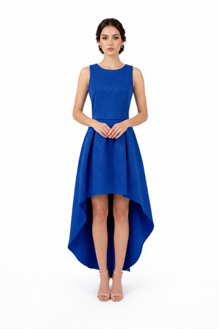 Woman wearing a blue dress on a white background