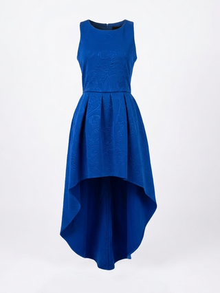 Blue dress with an asymmetrical hem on a white background
