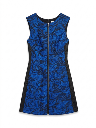 Blue patterned dress with black accents on a white background