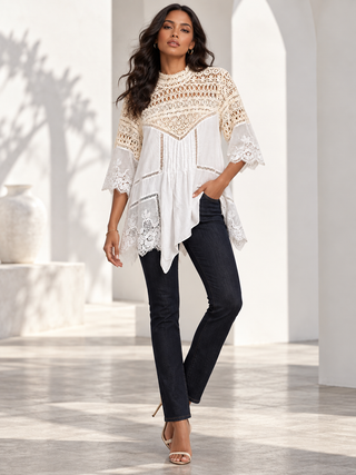 Anthropologie Ivory & Cream Crochet Lace Mixed-Media Tunic Top