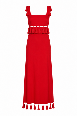 Antonio Melani Red Tassel Ruffle Waist Cut-Out Maxi Dress Antonio Melani Red Tassel Ruffle Waist Cut-Out Maxi Dress