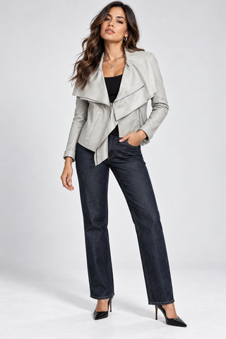BCBG Max Azria Dove Grey Faux Leather Draped-Lapel Moto Jacket