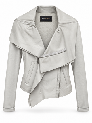 BCBG Max Azria Dove Grey Faux Leather Draped-Lapel Moto Jacket