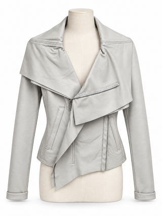 BCBG Max Azria Dove Grey Faux Leather Draped-Lapel Moto Jacket