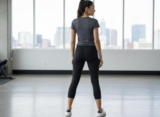 Woman in athletic wear standing in a room with large windows showing a cityscape.