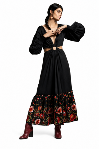 black dress with floral embroidery Flores Tejidas Black Deep-V Cutout Floral Embroidered Maxi Dress Small