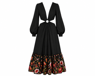 Black dress with floral hem on a white background