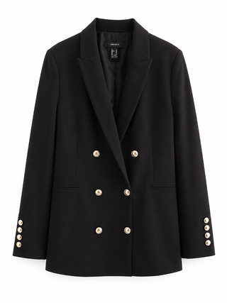 Black double-breasted blazer with gold buttons on a white background
