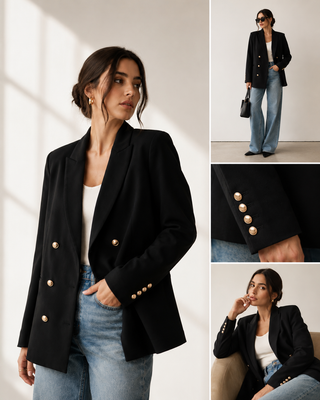 Woman wearing a black blazer with gold buttons, sitting on a couch.