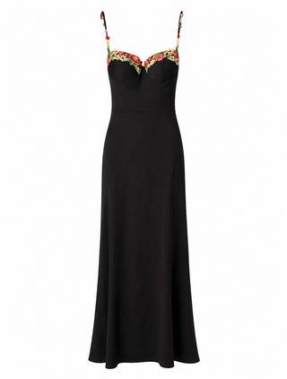 Black evening gown with floral lace details on a white background
