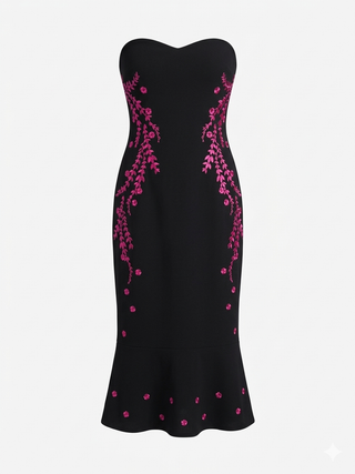 Black strapless dress with pink floral embroidery on a white background