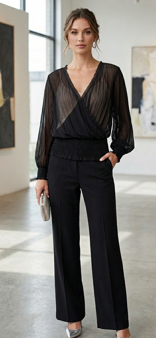 Woman in a black outfit standing in an art gallery