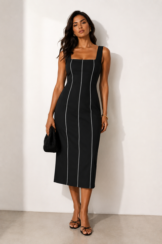 Woman wearing a black dress with white stripes against a white background
