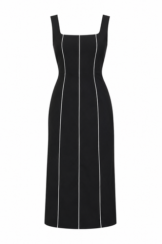 Black dress with white vertical stripes on a white background