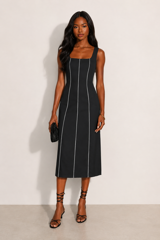 Woman wearing a black dress with white stripes against a white background
