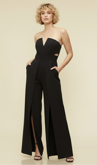 Woman wearing a black strapless jumpsuit with cut-out details on a beige background