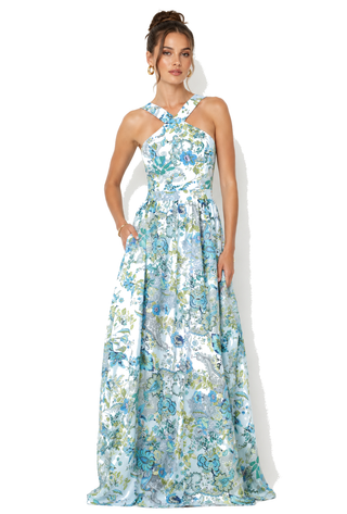 Woman wearing a floral dress on a white background