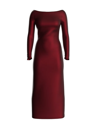 Red satin dress with long sleeves on a white background