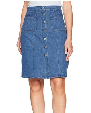 Blue denim skirt with button front on a white background