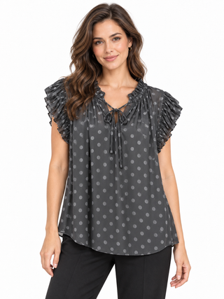 Charcoal Polka Dot Ruffle-Sleeve Tie-Neck Blouse