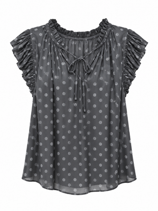 Charcoal Polka Dot Ruffle-Sleeve Tie-Neck Blouse