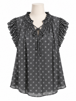Charcoal Polka Dot Ruffle-Sleeve Tie-Neck Blouse