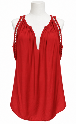 Cherry Red Lattice-Strap Gathered V-Neck Blouse