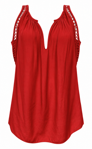 Cherry Red Lattice-Strap Gathered V-Neck Blouse