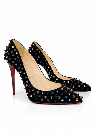 A pair of black pointed-toe stiletto pumps covered in iridescent rhinestones and gold-tone spikes, featuring the signature red Christian Louboutin sole, shown on a white background.