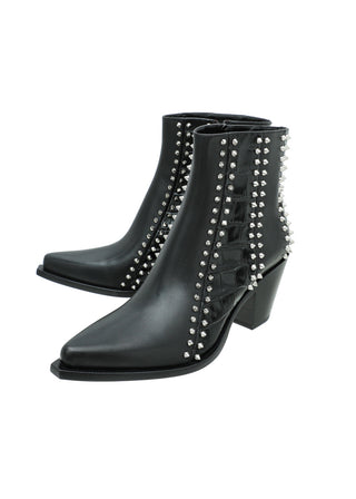 A pair of black leather ankle boots with pointed toes, low block heels, and rows of silver studs running down the sides, shown against a plain white background.