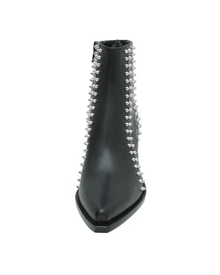 A black leather pointed-toe ankle boot decorated with silver metal studs running down the sides, shown against a plain white background.