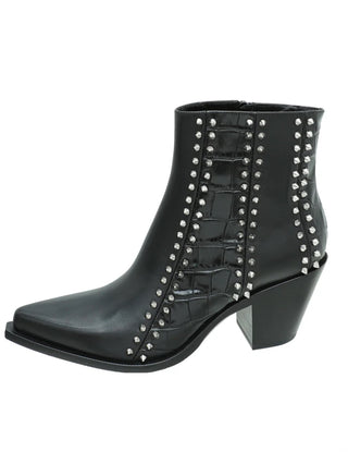 A black leather ankle boot with a pointed toe, block heel, and silver-tone studs arranged in vertical lines over a glossy crocodile-embossed pattern.
