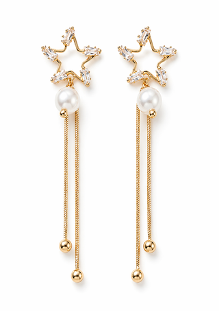Star-shaped earrings with pearl beads on a white background