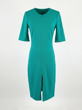Teal dress with a front slit on a white background