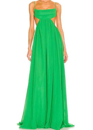 Green evening gown with cut-out design on a white background