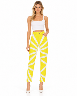 Fiorucci yellow and white sunburst jeans styled with a white tank and heels